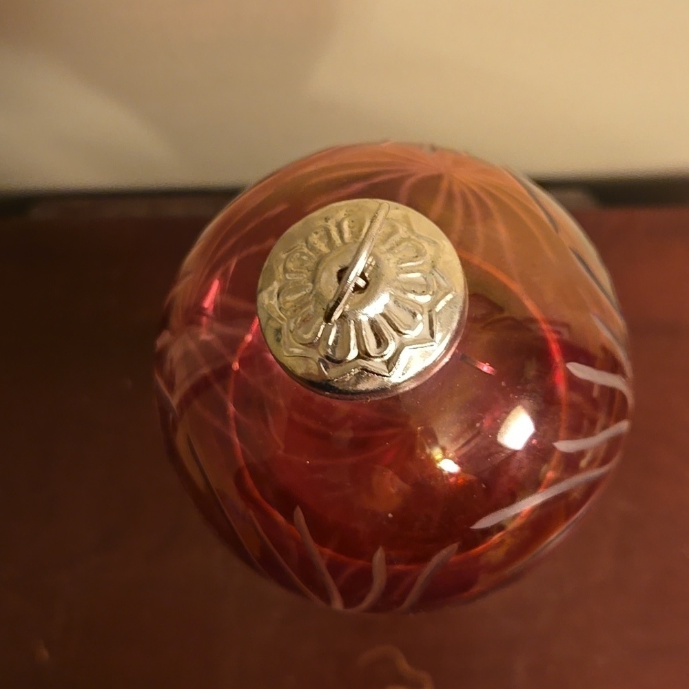 Cranberry Glass Etched Kugel Ornament 5 inches tall - Picture 2 of 5